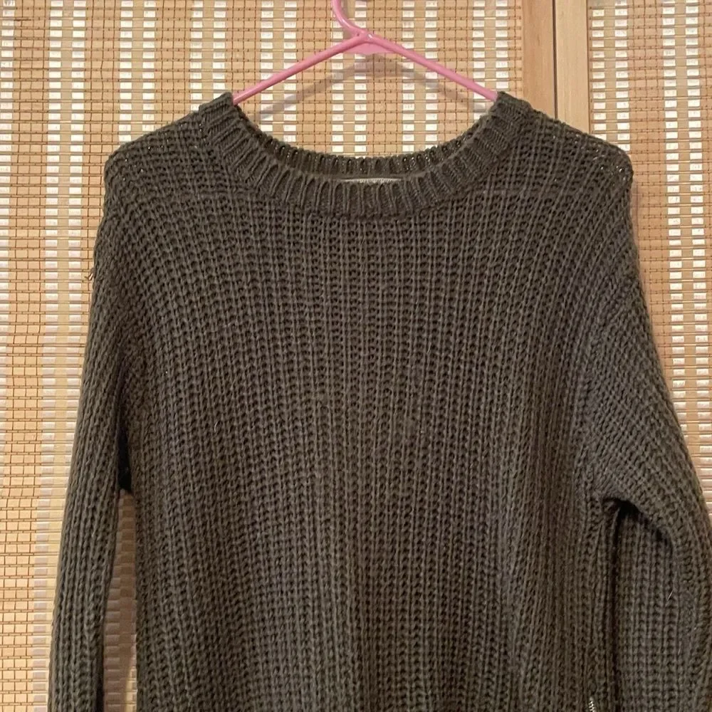 Love Change Italy Womens 14 Cable Knit Gray Sweater  Zipper Slit Ribbed‎ Hi Low